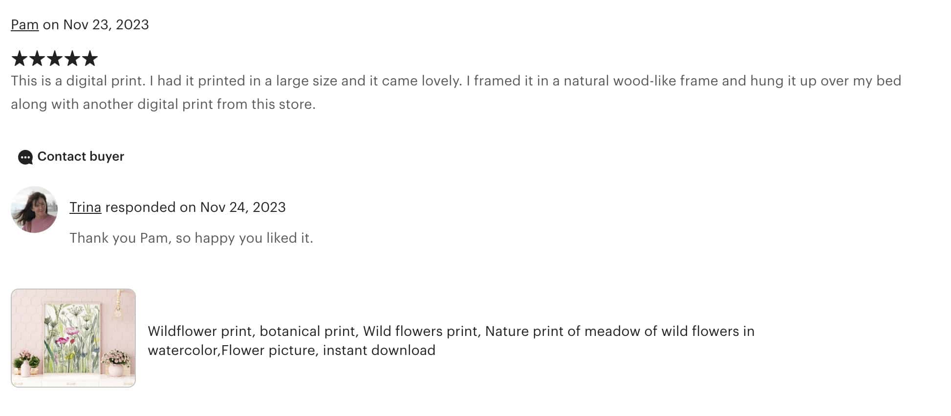 etsy review example with 5 stars