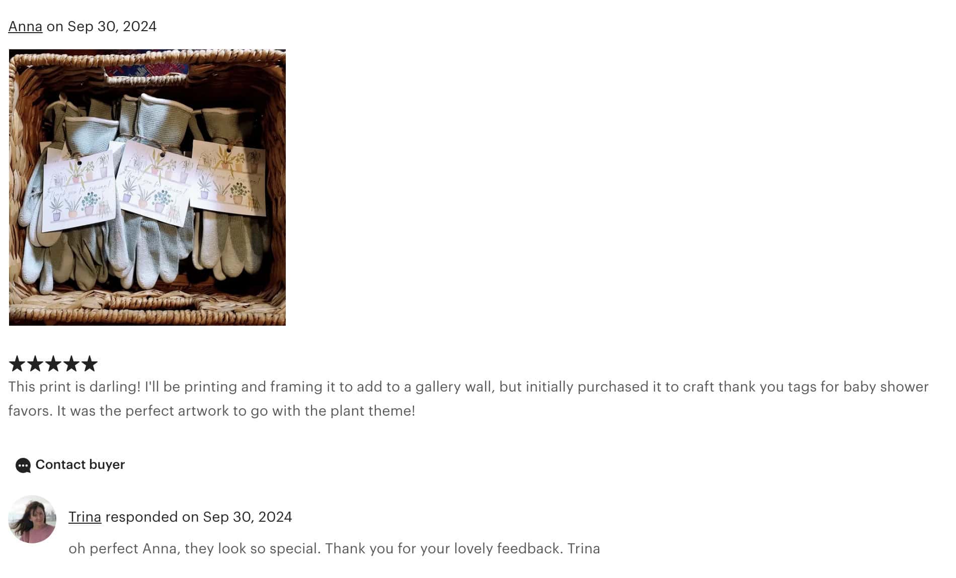 etsy review example of gift tags with image of gloves