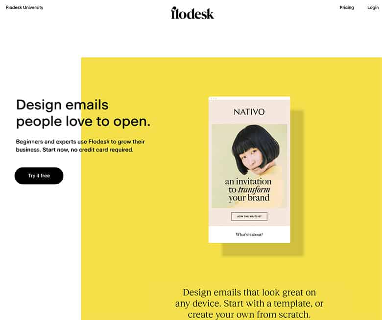 image of flodesk landing page with girl on yellow background