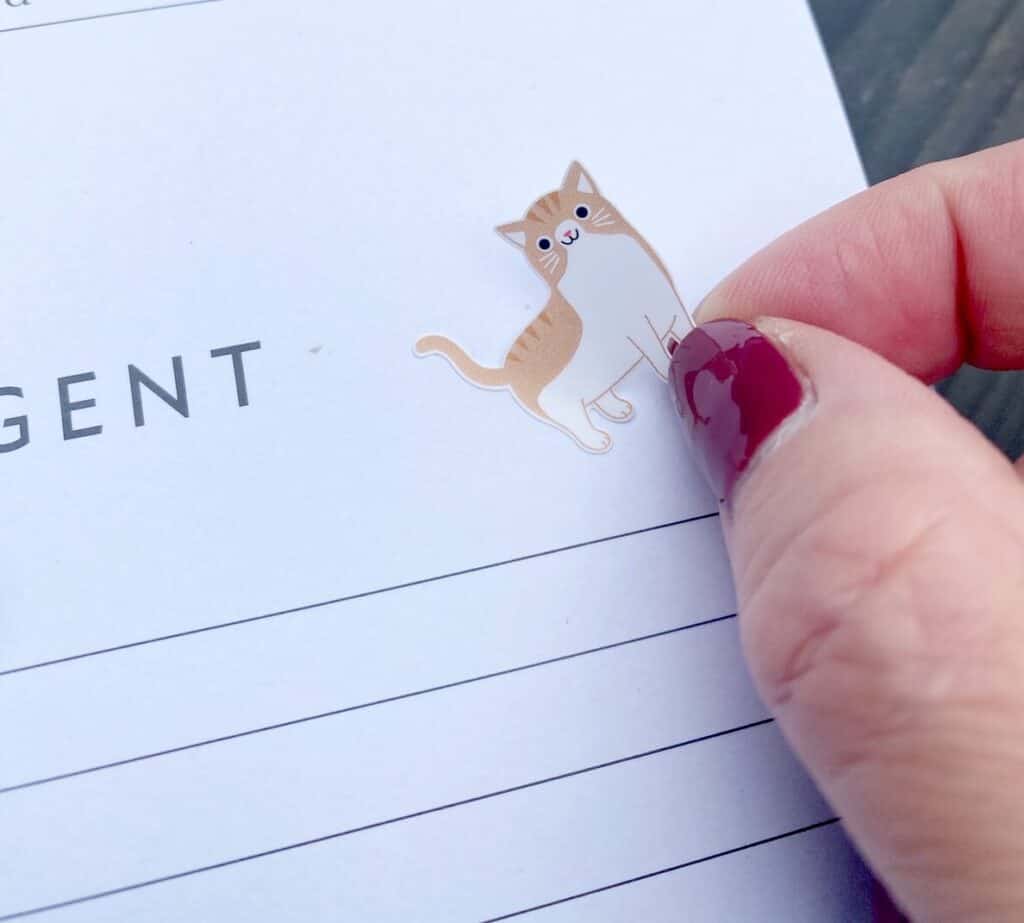 image of brown cat sticker being used in planner