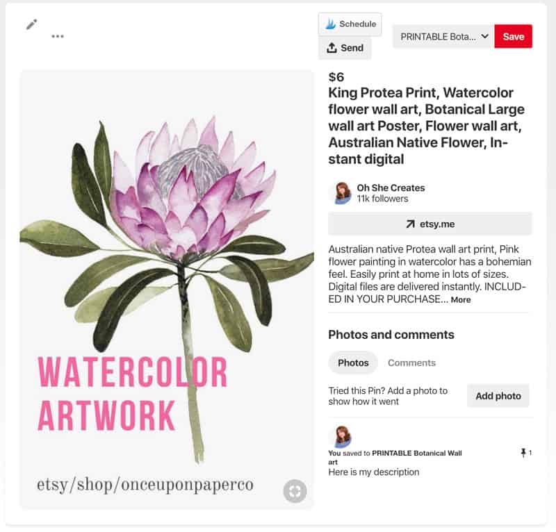 Image showing pinable image of Etsy listing of printable Protea art 
