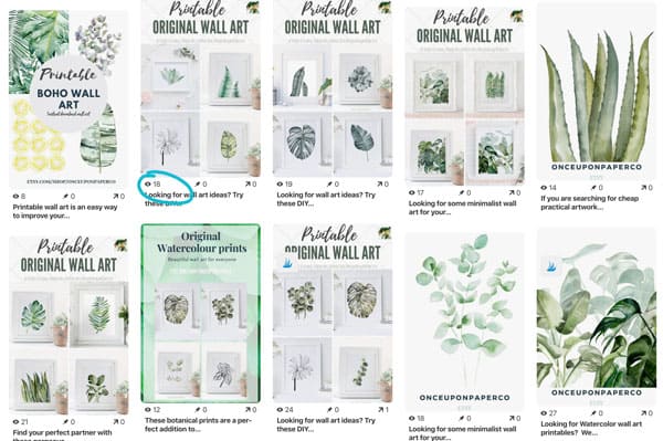image showing pins on Pinterest promoting wall art 
