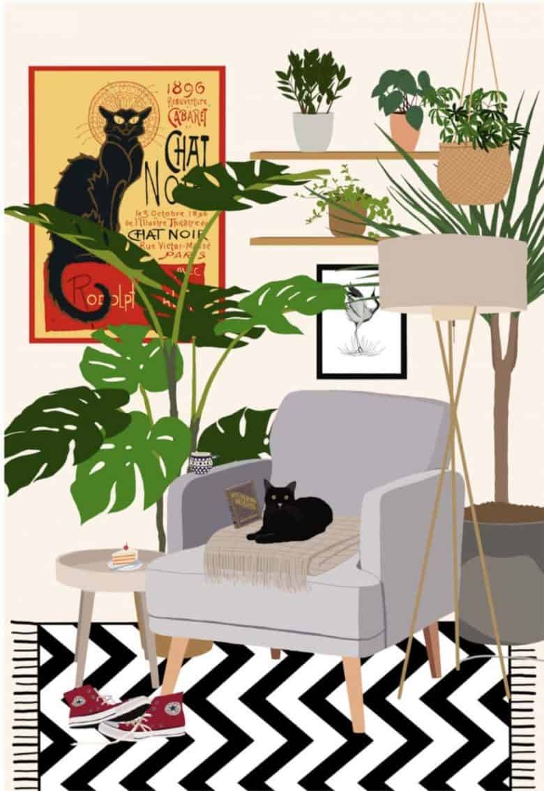 image of cat on chair with plants illustration