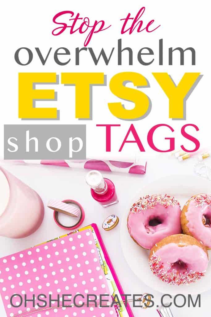 Desk with pink donuts and text stop the overwhelm on etsy